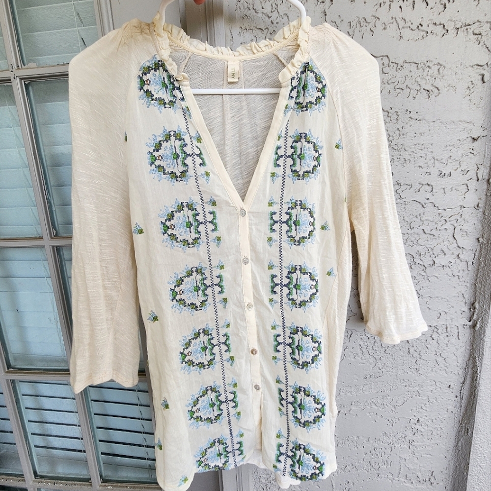 Embroidered Silk Cotton Blend Anthropologie Tiny Cream Teal & Blue Blouse S